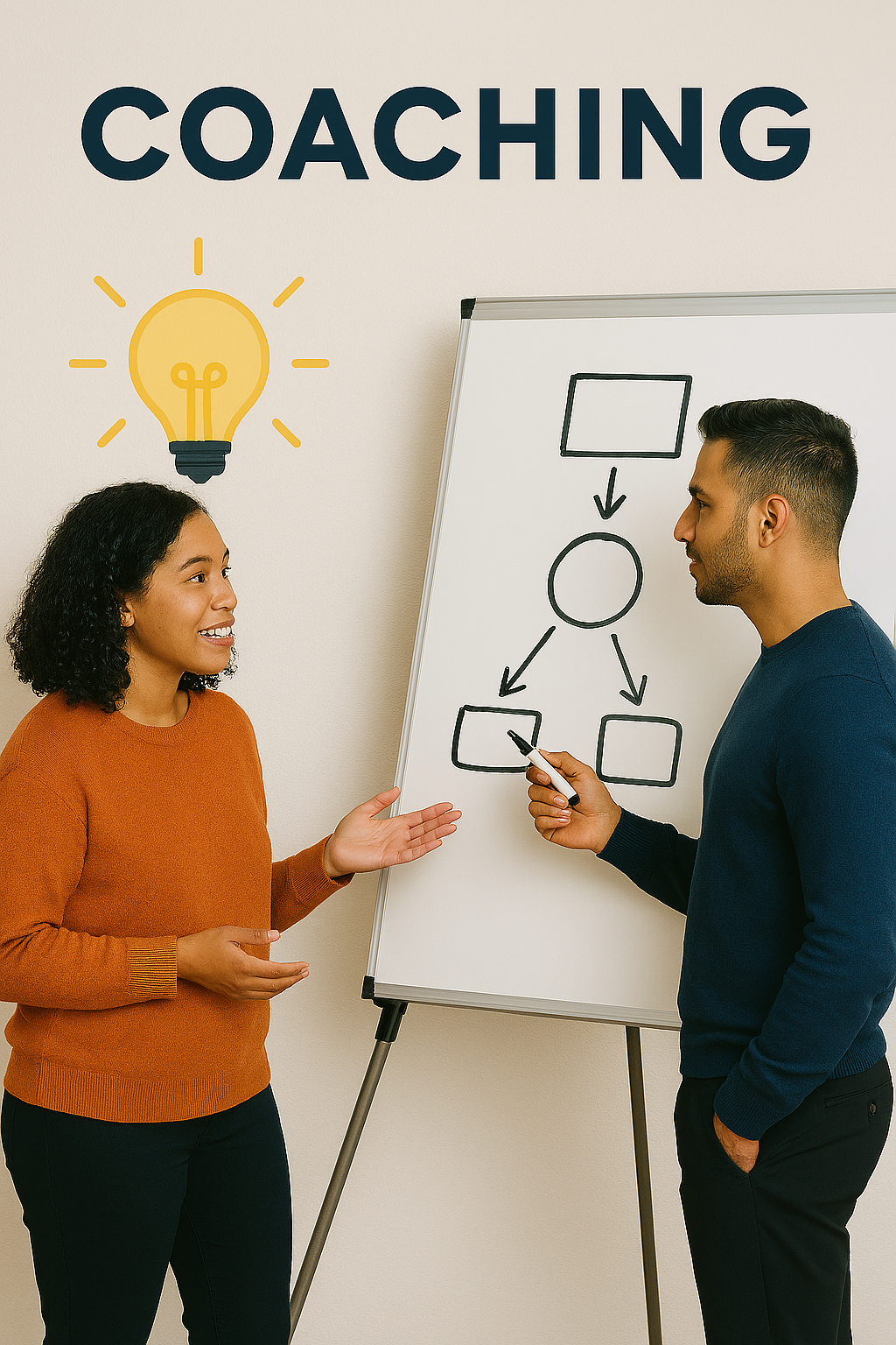 Two people collaborating at a whiteboard to create shared goals.