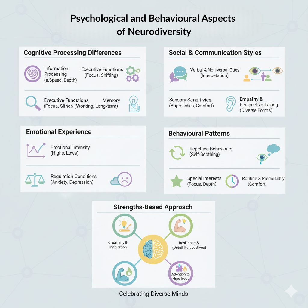 Illustration showing psychological and behavioural concepts related to neurodiversity.