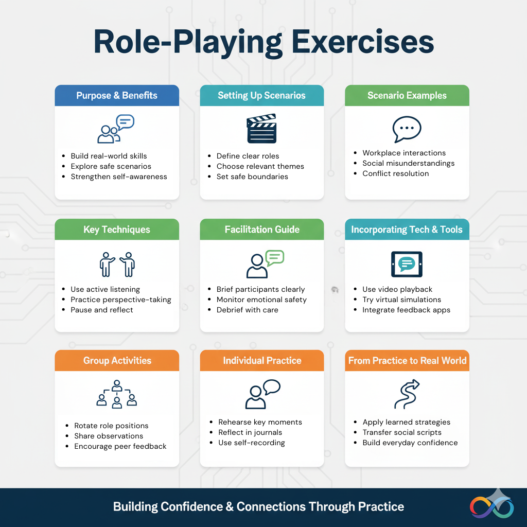 Illustration showing neurocoaches practising communication through role-playing exercises.