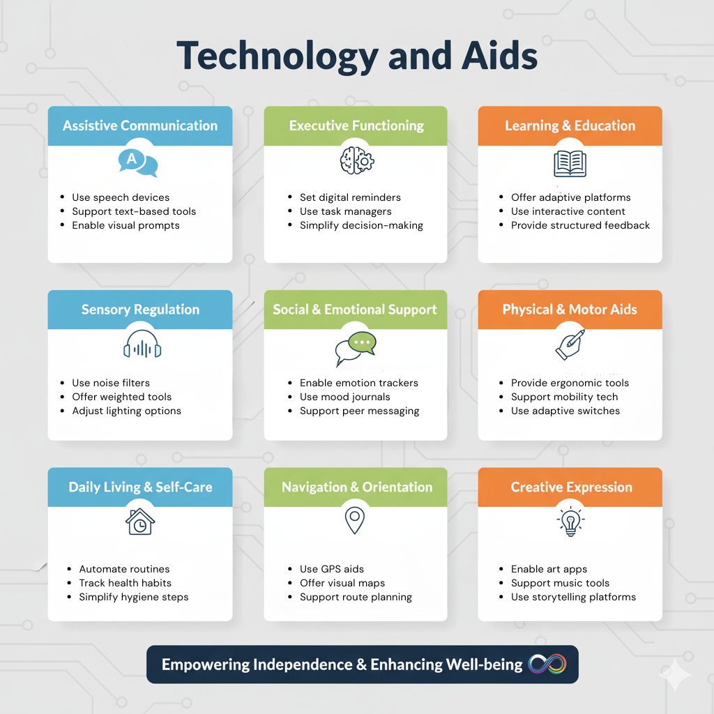Conceptual image showing adaptive technology and aids supporting neurodivergent coaching practices.